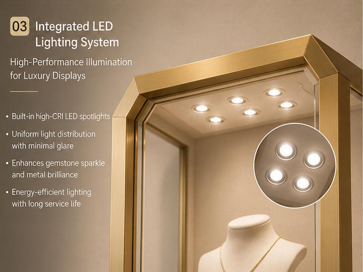 Gold Floor-Standing Jewelry Display Cabinet | Museum-Style Showcase 9 LED lighting effect of floor-standing jewelry showcase